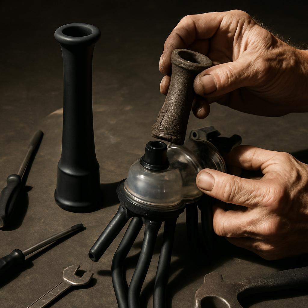 A person's hands are visible working on a plastic pipe with various tools, indicating DIY or repair activity. The setup su...