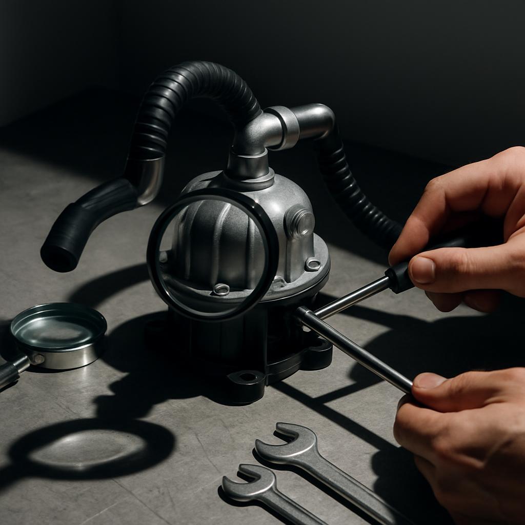 A metal, abstract object with features including a black hose, a silver screw, a metallic object in a round hole, magnifyi...