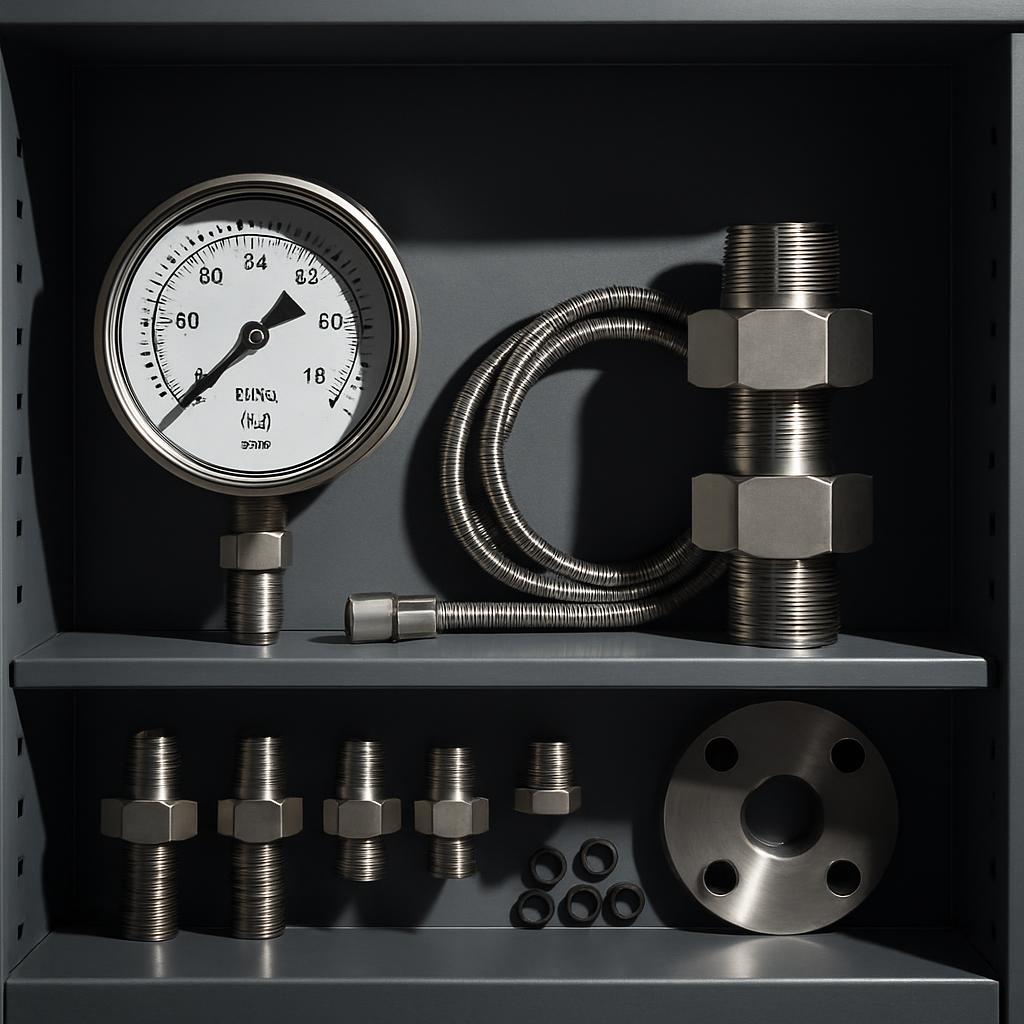 An image of a pressure gauge, open shelving, threaded components, large discs, and coiled silver cabling.